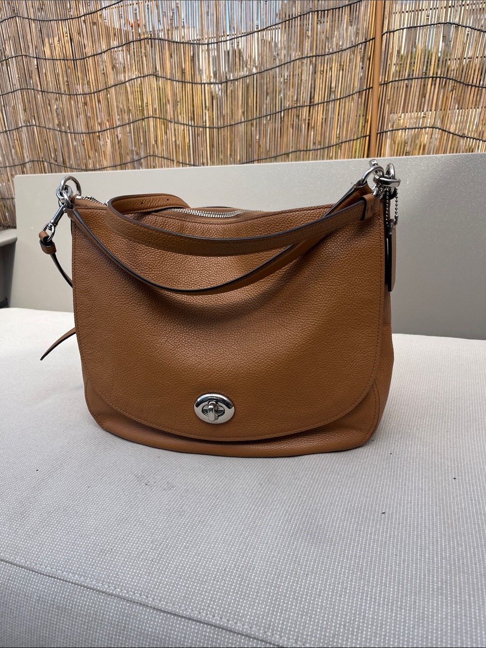 Coach Tan Pebbled Leather Crossbody with Silver Turnlock